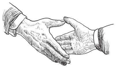 Pen and ink drawing of two hands meeting in a handshake