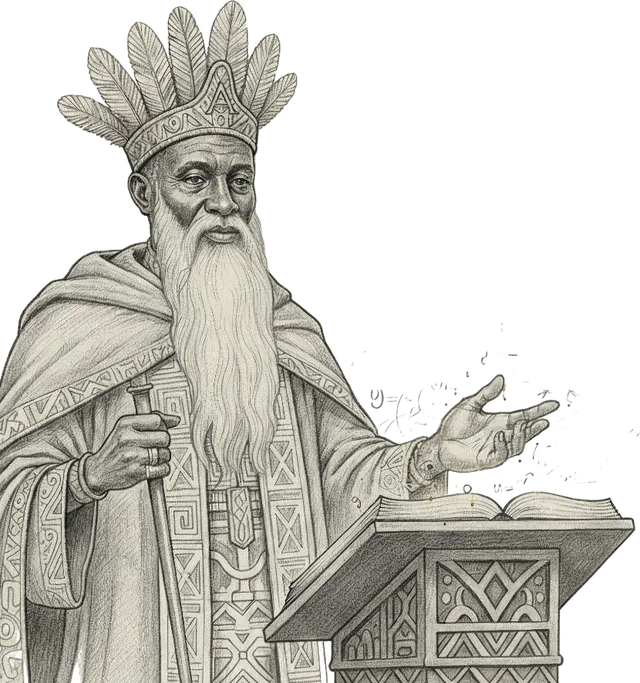 Illustration of a Benin Kingdom elder in a feathered crown, gesturing over an open book on a carved lectern